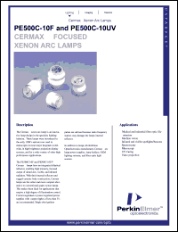 PE500C-10UV datasheet: Germax xenon focused arc lamp. Power 500 watts, current 32 amps (DC), operating voltage 15.5 volts (DC). PE500C-10UV