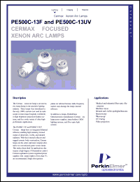 PE500C-13UV datasheet: Germax xenon focused arc lamp. Power 500 watts, current 32 amps (DC), operating voltage 15.5 volts (DC). PE500C-13UV