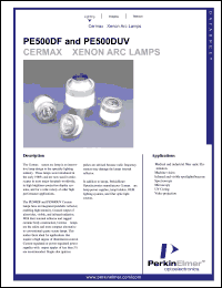 PE500DUV datasheet: Germax xenon arc lamp. Power 500 watts, current 27 amps (DC), operating voltage 18.5 volts (DC). PE500DUV