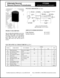 VTD206 datasheet: Alternate source/second source photodiode. Isc = 25 microA, Voc = 350 mV at 940 nm, H = 0.5 mW/cm2. VTD206