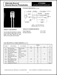 VTD206K datasheet: Alternate source/second source photodiode. Isc = 80 microA at 1000 lux, 2856 K. Voc = 350 mV at 940 nm, H = 0.5 mW/cm2. VTD206K