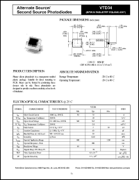 VTD34 datasheet: Alternate source/second source photodiode. Isc = 70 microA, Voc = 365 mV at 1000 lux, 2850 K. VTD34