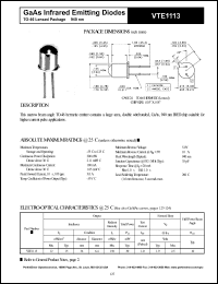 VTE1113 datasheet: GaAs infrared emitting diode. Irradiance(typ) 15 mW/cm2 at distance 36 mm, diameter 6.4 mm. VTE1113