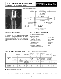 VTT3323LA datasheet: .025 inche NPN phototransistor. Light current(min) 2.0 mA at H = 20 fc, Vce = 5.0 V. VTT3323LA