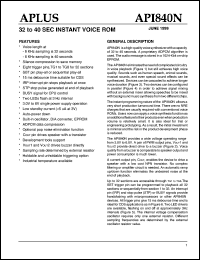 APl840N datasheet: High quality voice synthesizer. 32 to 40 sec instant voice ROM. APl840N