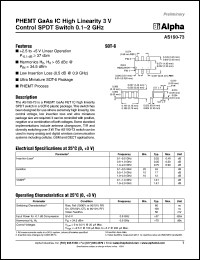 AS190-73 datasheet: PHEMT GaAs IC  high linearity 3V control SPDT  switch 0.1-2 GHz AS190-73