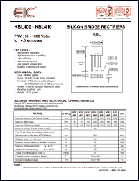 KBL402 datasheet: 200 V, 4 A,  silicon bridge rectifier KBL402