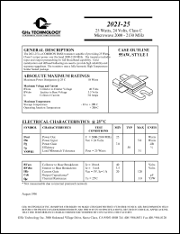 2021-25 datasheet: 25 W, 24 V, 2000-2130 MHz common base transistor 2021-25