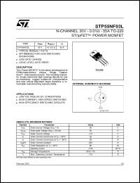 STP55NF03L datasheet: Power dissipation 80 W Transistor polarity N Channel Current Id cont. 55 A Current Idm pulse 220 A Voltage Vgs th max. 2.5 V Pitch lead 2.54 mm Voltage Vds max 30 V Resistance Rds on 0.013 R STP55NF03L