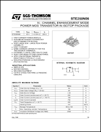 STE250N06 datasheet: Length/Height 12.2 mm Width 25.4 mm Depth 38 mm Power dissipation 450 W Transistor polarity N Channel Centres fixing 31.6 mm Current Id cont. 250 A Current Idm pulse 750 A Voltage isolation 2.5 kV STE250N06