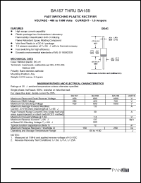 BA157 datasheet: Fast switching plastic rectifier. Max recurrent peak reverse voltage 400 V. Max average forward rectified current 1.0 A. BA157