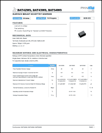 BAT54WS datasheet: Surface mount schottky barrier diode. Max recurrent peak reverse voltage 30 V. Max average forward current 0.2 A. BAT54WS
