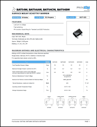 BAT54CW datasheet: Surface mount schottky barrier diode. Max recurrent peak reverse voltage 30 V. Max average forward current 0.2 A. BAT54CW