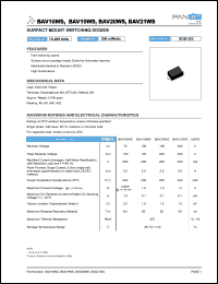 BAV20WS datasheet: Surface mount switching diode. Power 200 mW. Reverse voltage 150 V. Max average forward current 200 mA. BAV20WS