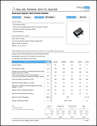 BAW56 datasheet: Surface mount switching diode. Power 350 mW. Reverse voltage 75 V. Rectified current 150 mA. BAW56