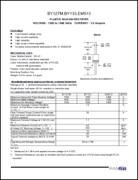 EM513 datasheet: Plastic silicon rectifier. Max recurrent peak reverse voltage 1600 V. Max average forward rectified current 1.0 A. EM513