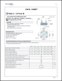 CP15010 datasheet: Single-phase silicon bridge rectifier. Max recurrent peak reverse voltage 1000V. Max average forward current for resistive load at Tc=55degC 15A. CP15010