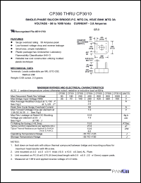 CP301 datasheet: Single-phase silicon bridge-P.C. MTG 2A, heat-sink MTG 3A . Max recurrent peak reverse voltage 100V. Max average rectified output 3.0A(at Tc=50), 2.0(at Ta=25). CP301