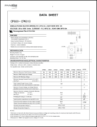 CP602 datasheet: Single-phase silicon bridge - P.C. MTG 3A, heat-sink MTG 6A . Max recurrent peak reverse voltage 200V. Max average rectified output 6.0A(at Tc=50degC), 3.0(at Ta=25degC). CP602