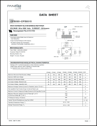 CP5000 datasheet: High current silicon bridge rectifier. Max recurrent peak reverse voltage 50V. Max average forward current for resistive load at 55degC 50.0A. CP5000