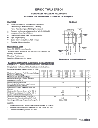 ER800 datasheet: Superfast recovery rectifier. Max recurrent peak reverse voltage 50V. Max average forward rectified current 8.0 A. ER800