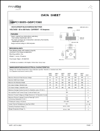 GBPC15005 datasheet: High current silicon bridge rectifier. Max recurrent peak reverse voltage 50 V. Max average forward current for resistive load at Tc=55degC 15 A. GBPC15005