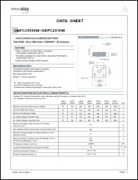GBPC25005W datasheet: High current silicon bridge rectifier. Max recurrent peak reverse voltage 50 V. Max average forward current for resistive load at Tc=55degC 25 A. GBPC25005W