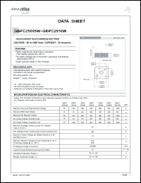 GBPC2502W datasheet: High current silicon bridge rectifier. Max recurrent peak reverse voltage 200 V. Max average forward current for resistive load at Tc=55degC 25 A. GBPC2502W