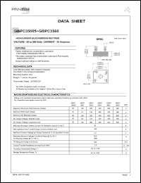 GBPC35005 datasheet: High current silicon bridge rectifier. Max recurrent peak reverse voltage 50 V. Max average forward current for resistive load at Tc=55degC 35 A. GBPC35005