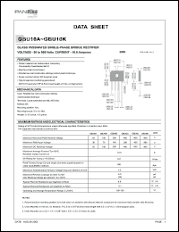 GBU10A datasheet: Glass passivated single-phase bridge rectifier. Max recurrent peak reverse voltage 50 V. Max average forward rectified output current at Tc=100degC 10.0 A. GBU10A