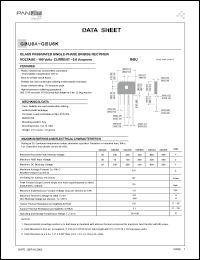 GBU6A datasheet: Glass passivated single-phase bridge rectifier. Max recurrent peak reverse voltage 50 V. Max average forward rectified output current at Tc=100degC 6.0 A. GBU6A