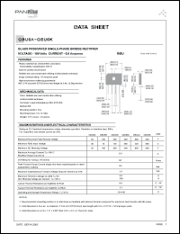 GBU6K datasheet: Glass passivated single-phase bridge rectifier. Max recurrent peak reverse voltage 800 V. Max average forward rectified output current at Tc=100degC 6.0 A. GBU6K