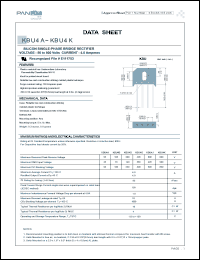 KBU4D datasheet: Silicon single-phase bridge rectifier voltage. Max recurrent peak reverse voltage 200 V. Max average forward rectified output current: at Tc = 100degC 4.0 A, at Ta = 40degC 4.0 A. KBU4D