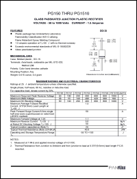 PG150 datasheet: Glass passivated junction plastic rectifier. Max recurrent peak reverse voltage 50 A. Max average forward rectified current 9.5mm lead length at Ta = 55degC 1.5 A. PG150
