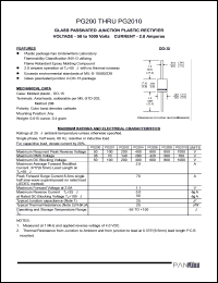 PG208 datasheet: Glass passivated junction plastic rectifier. Max recurrent peak reverse voltage 800 A. Max average forward rectified current 9.5mm lead lehgth at Ta = 55degC 2.0 A. PG208