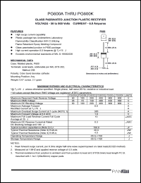 PG600G datasheet: Glass passivated junction plastic rectifier. Max recurrent peak reverse voltage 400 A. Max average forward rectified current at Ta = 75degC 6.0 A. PG600G