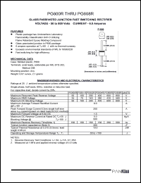 PG600R datasheet: Glass passivated junction fast switching rectifier. Max recurrent peak reverse voltage 50 A. Max average forward rectified current at Ta = 60degC 6.0 A. PG600R