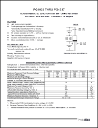 PG4933 datasheet: Glass passivated junction fast switching rectifier. Max recurrent peak reverse voltage 50 A. Max average forward rectified current 9.5mm lead length at Ta = 55degC  1.0 A. PG4933