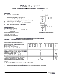 PG4937 datasheet: Glass passivated junction fast switching rectifier. Max recurrent peak reverse voltage 600 A. Max average forward rectified current 9.5mm lead length at Ta = 55degC  1.0 A. PG4937