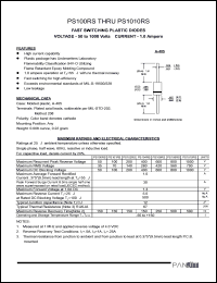 PS101RS datasheet: Fast switching plastic diode. Max recurrent peak reverse voltage 100 V. Max average forward rectified current 9.5mm lead length at Ta = 55degC  1.0 A. PS101RS