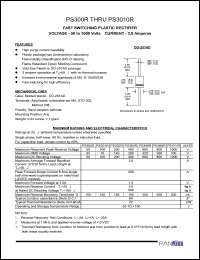 PS3010R datasheet: Fast switching plastic rectifier. Max recurrent peak reverse voltage 1000 V. Max average forward rectified current 9.5mm lead length at Ta = 55degC  3.0 A. PS3010R