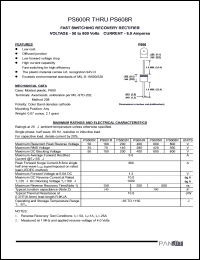 PS608R datasheet: Fast switching plastic rectifier. Max recurrent peak reverse voltage 800 V. Max average forward rectified current at Ta = 55degC  6.0 A. PS608R