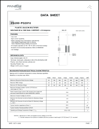 PS200 datasheet: Plastic silicon rectifier. Max recurrent peak reverse voltage 50 V. Max average forward rectified current 9.5mm lead length at Ta = 60degC  2.0 A. PS200