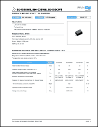 SD103AWS datasheet: Surfase mount schottky barrier rectifier. Max recurrent peak reverse voltage 40 V. Max average forward rectified current at Ta = 25degC  0.35 A. SD103AWS