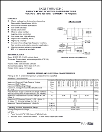 SK32 datasheet: Surfase mount schottky barrier rectifier. Max recurrent peak reverse voltage 20 V. Max average forward rectified current at Tl = 75degC 3.0 A. SK32