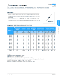 TSP220C datasheet: Axial lead bi-directional thyristor surge protector device. Rated repetitive peakoff-state voltage 220V. Breakover voltage 300V. On-state voltage 5V. Repetitive peakoff-state current 5uA  Breakover current 800mA. TSP220C