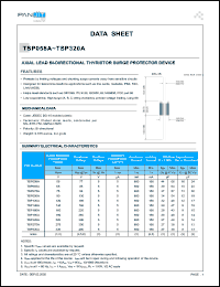 TSP058A datasheet: Axial lead bi-directional thyristor surge protector device. Rated repetitive peakoff-state voltage 58V. Breakover voltage 77V. On-state voltage 5V. Repetitive peakoff-state current 5uA  Breakover current 800mA. TSP058A