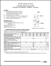 UF100 datasheet: Ultrafast switching rectifier. Peak reverse voltage 50 V. Average forward current 1.0 A. UF100