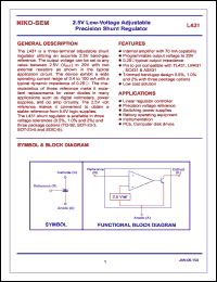 L431VA datasheet: 2.5V low-voltage adjustable precision shunt regulator, tolerance 0.5% L431VA