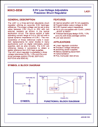 L431M3B datasheet: 2.5V low-voltage adjustable precision shunt regulator, tolerance 1% L431M3B